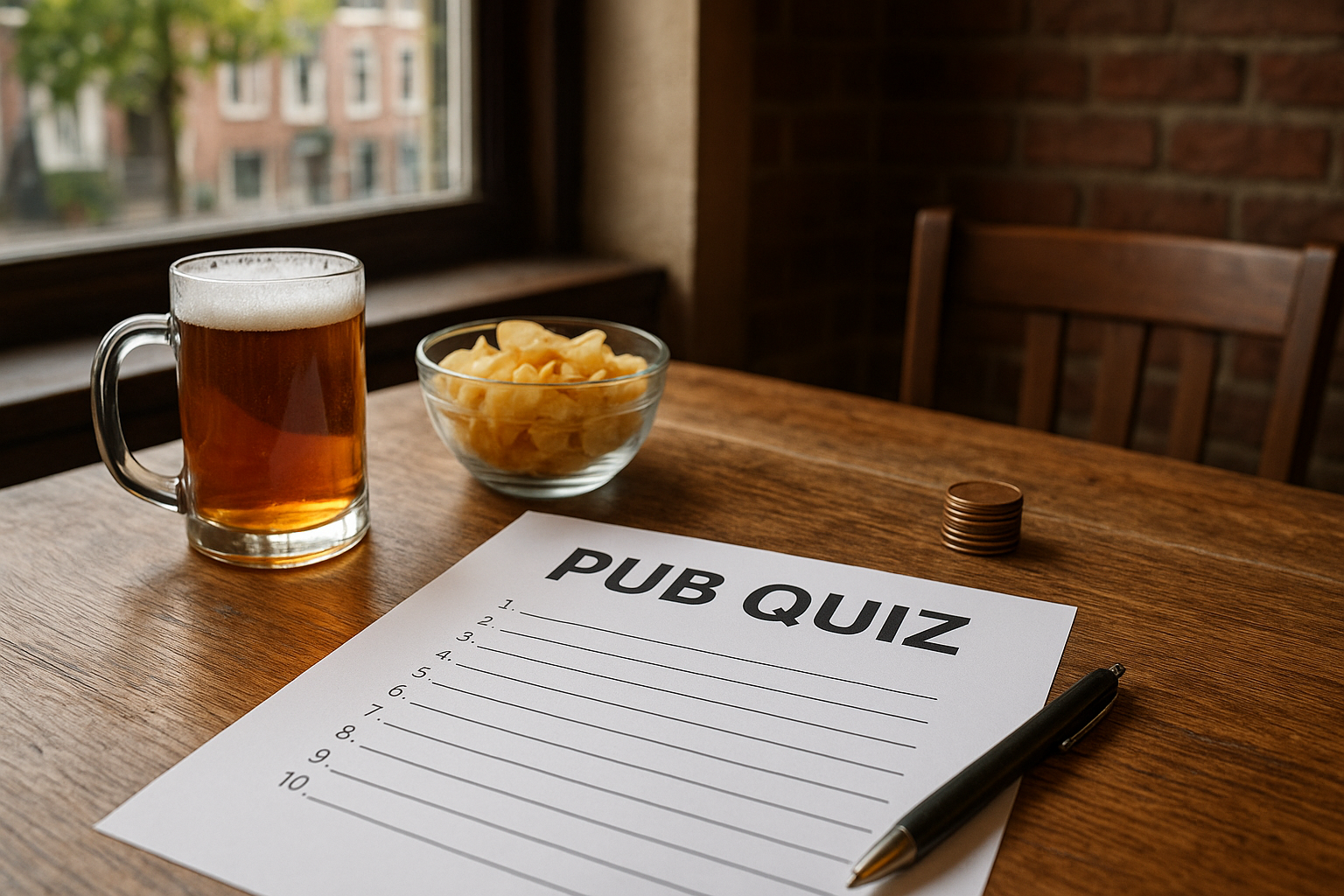 Quizbladen, scorekaarten en drankjes klaar op tafels in een sportkantine